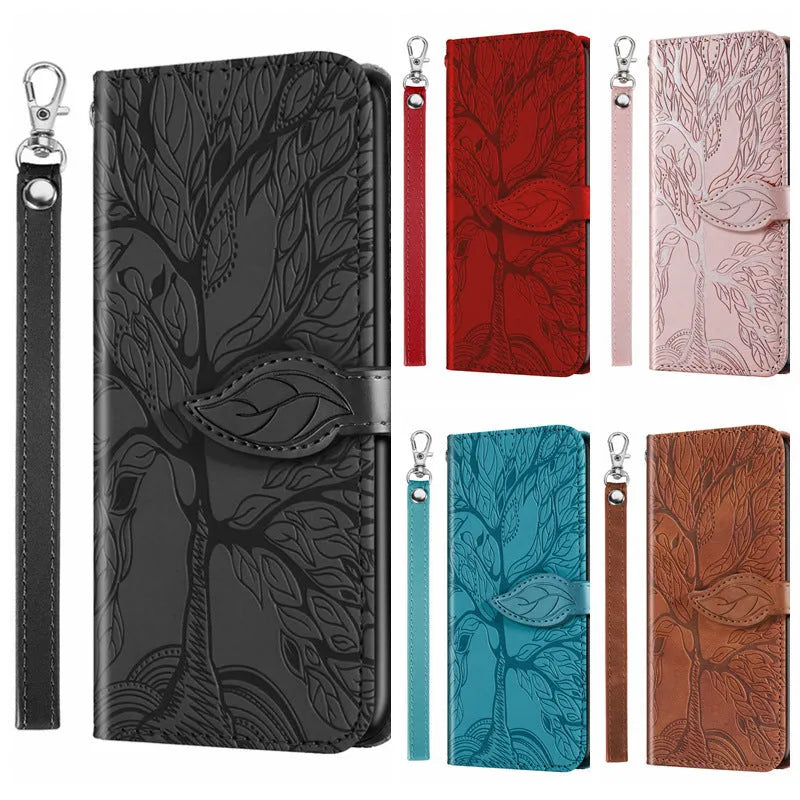 Flip retro lucky tree embossed leather phone case for Samsung with protective kickstand in Lake Blue colour