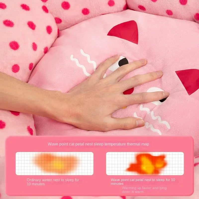 Pink dotted fabric cat bed shown in two circular sizes: 45cm and 65cm diameter.