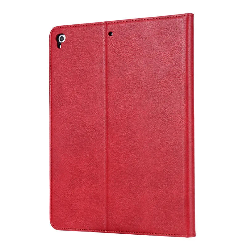 Classic black imitation leather flip cover for an Apple iPad, shown in a business style.