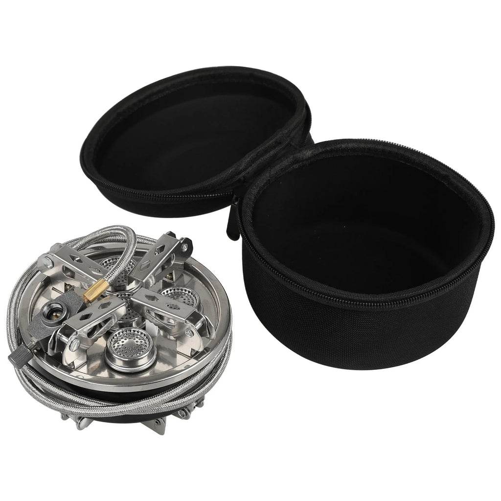 Silver portable split camping stove with fuel hose, shown folded, for outdoor picnic and backpacking.