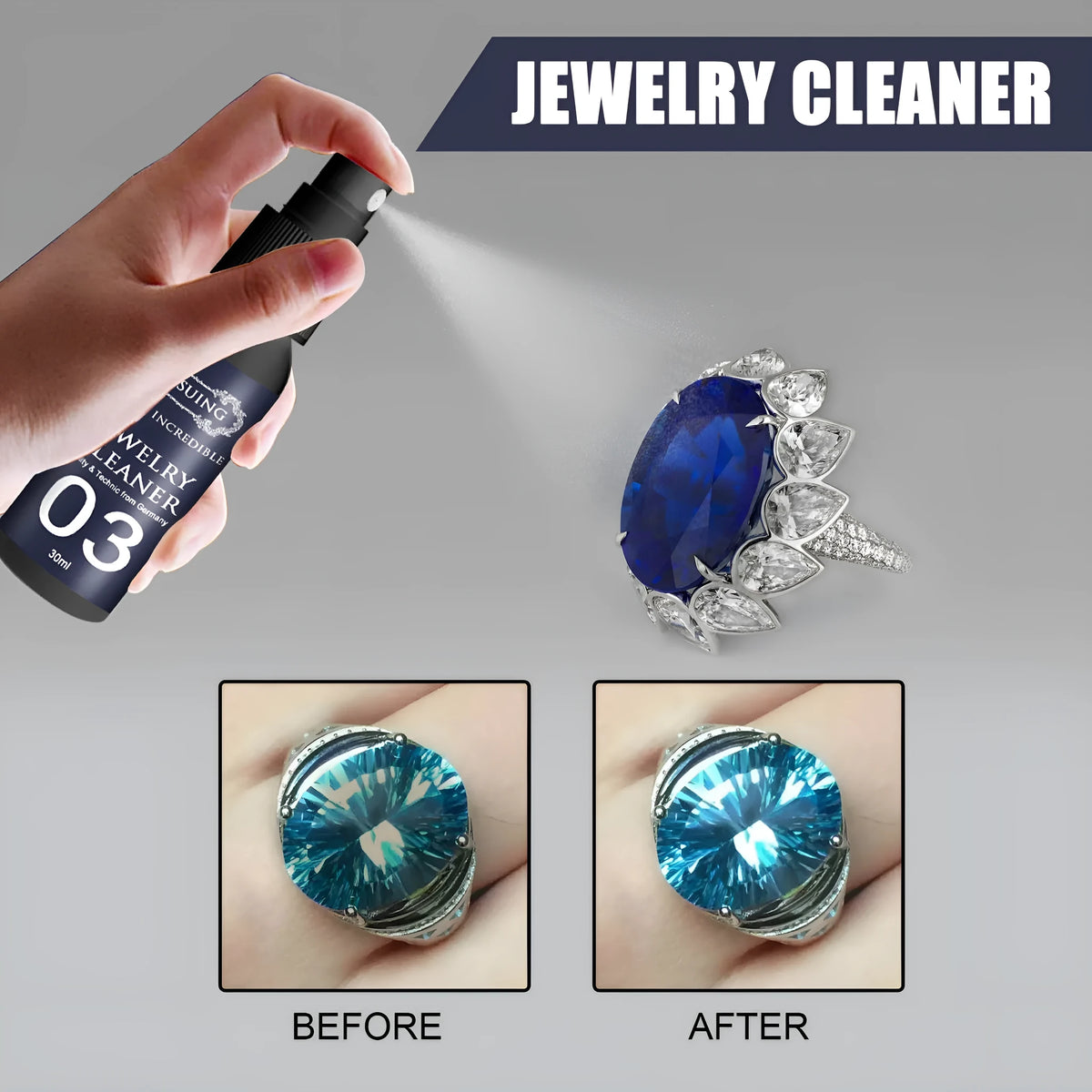 30ml jewellery cleaner in a plastic bottle measuring 13.8cm by 2.9cm for watch straps and jewellery