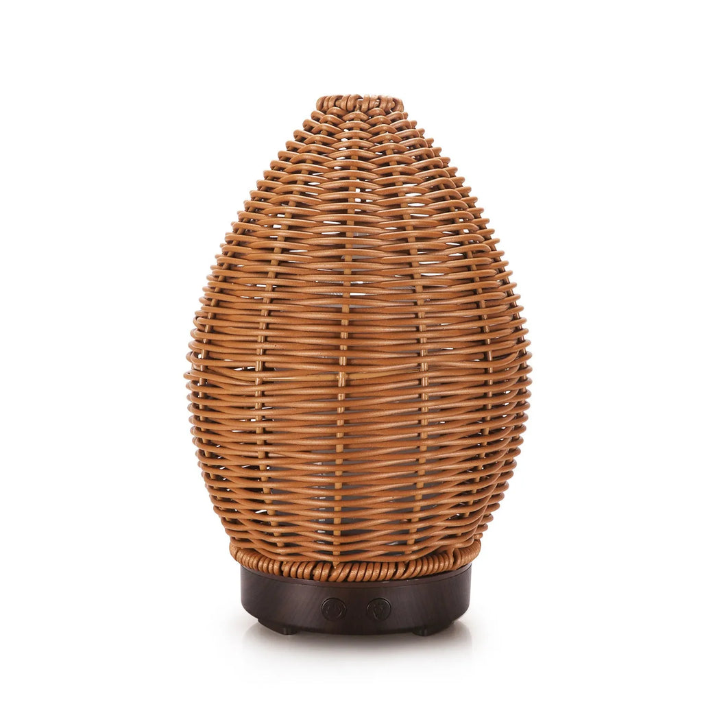 Light wood grain rattan-style ultrasonic aroma diffuser with 100ml capacity tank.