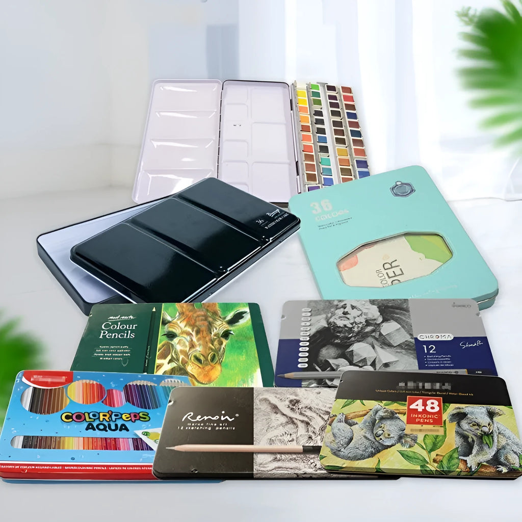 Solid watercolour tinplate folding paint box shown in square design, available in three sizes.