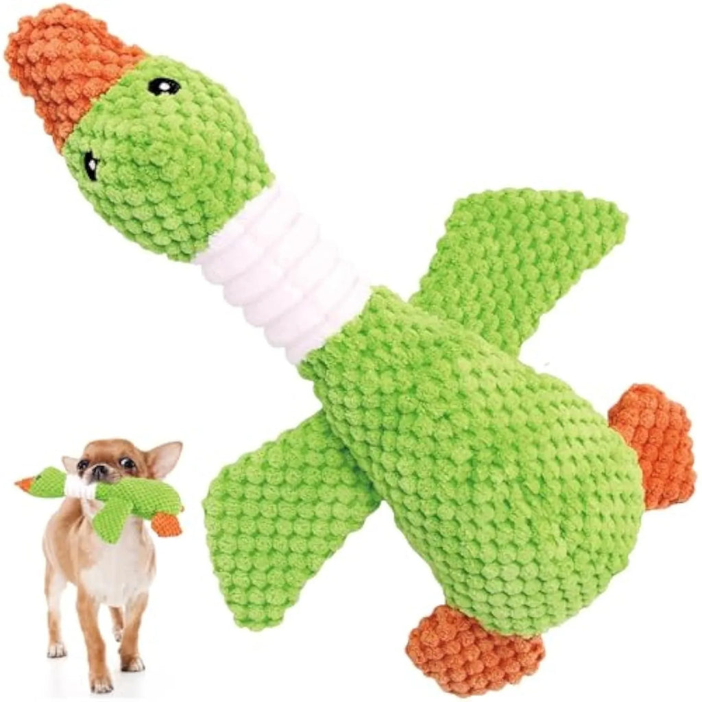 Blue, green, or grey plush duck dog toy with two squeakers for large dogs.