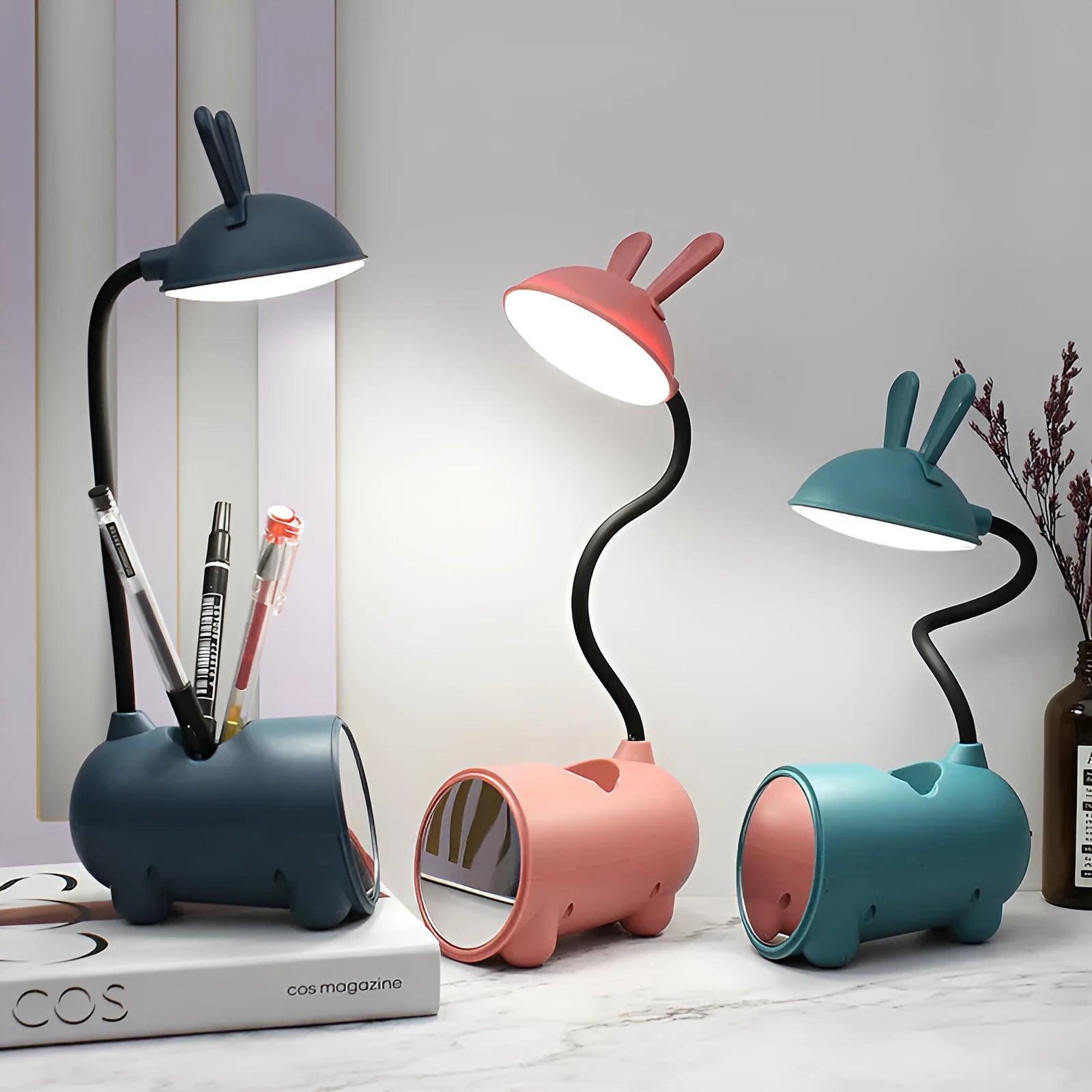 Cartoon USB desk lamp with pen storage container in dark blue colour on desktop