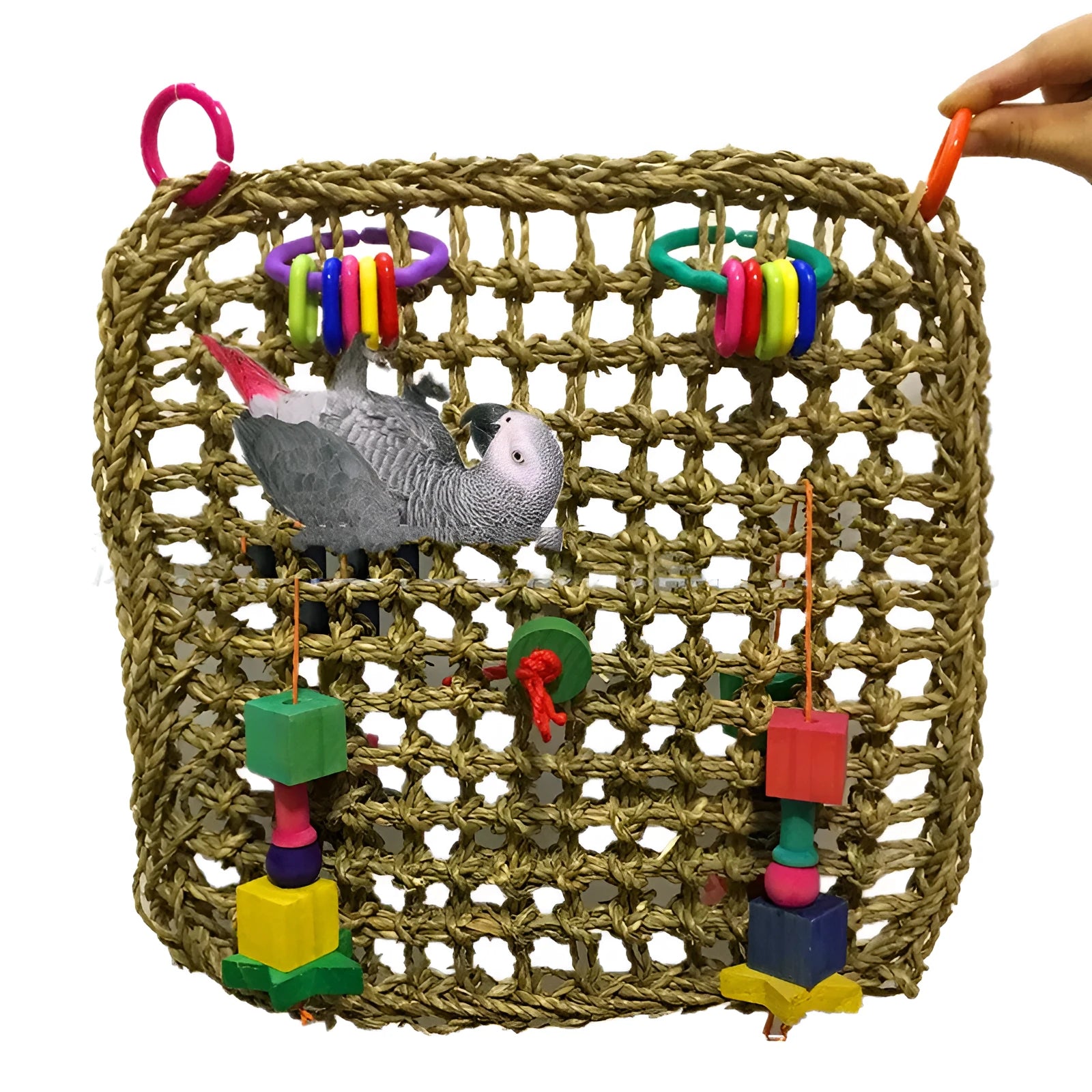 Natural straw woven parrot hammock 30x30x35cm in brown colour