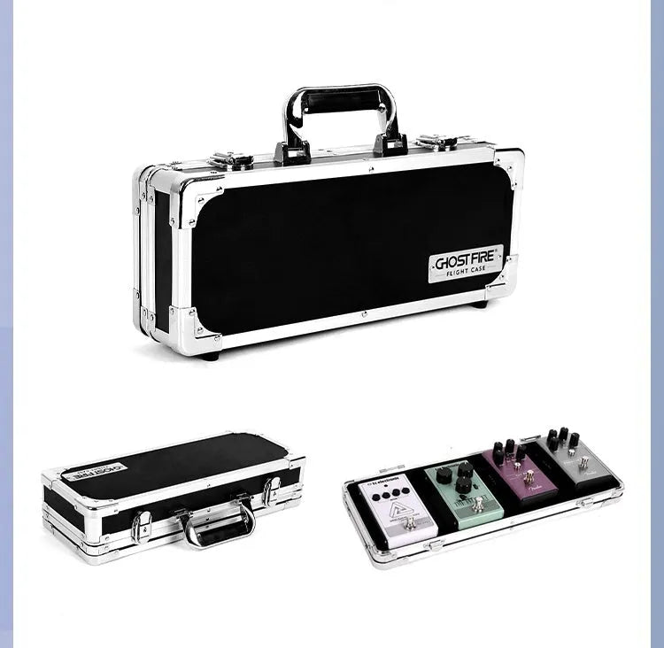 Heavy-duty aluminium flight case for a single guitar effect pedal, shown with butterfly latches open.