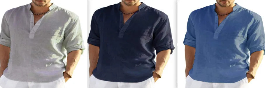 Men's solid colour long sleeve shirt with a stand collar, made from cotton and linen blend fabric