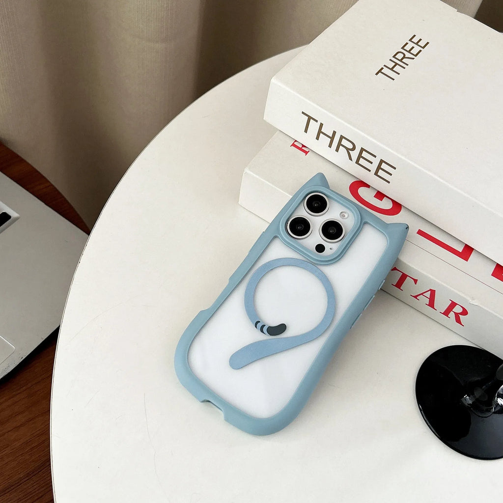 Transparent acrylic TPU phone case for IPhone 17 with magnetic suction, shown in black, blue, grey, and pink colours.