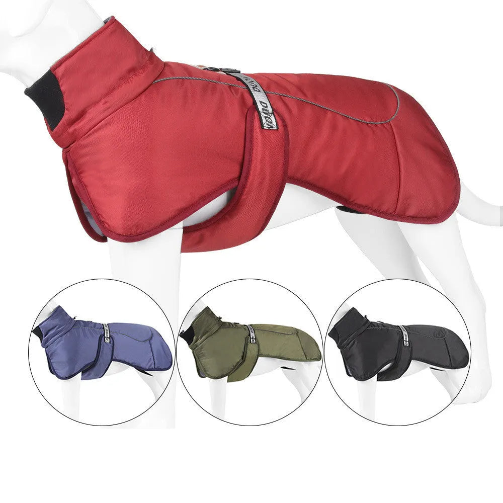 Dog wearing thickened warm reflective cloak-style vest in polyester, available in multiple sizes