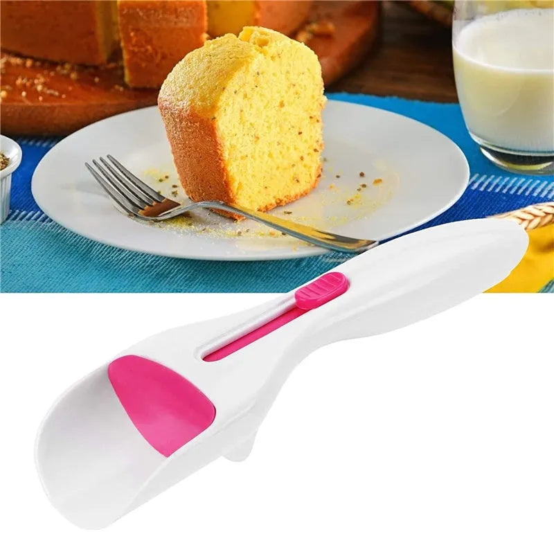 Photo-colour cake batter scoop with push lever on handle, 19.5 cm long, on white background