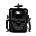 Black mini square crossbody bag with 3D embossed skull design, stitching, and chain detailing