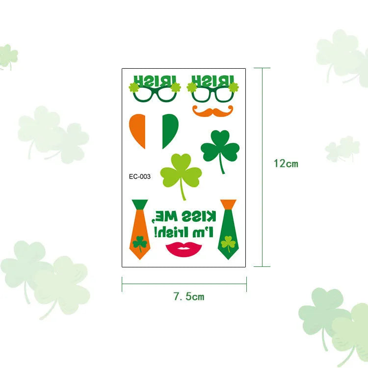 Temporary tattoo stickers with Irish festival flag designs for children, sized 120x75mm with St. Patrick's Day clover motif