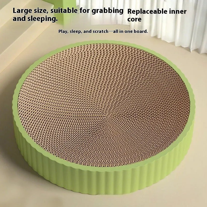 Round 55cm cat scratching board in green or white with corrugated paper surface and replacement packs