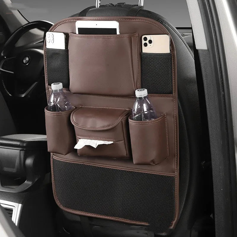 Genuine leather car seat back storage bag in black, grey, green, and brown colour options