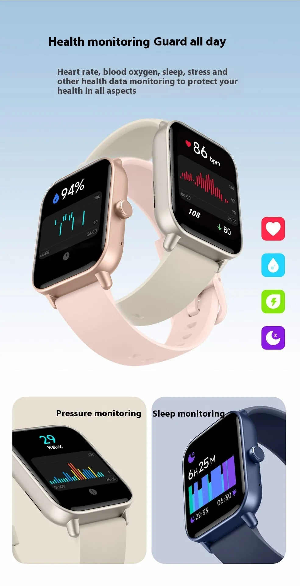 Multi functional sports smartwatch in pink or black with heart rate monitoring, Bluetooth calling, and 7-14 day battery life