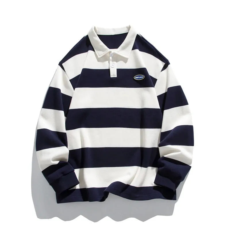 Men's striped pearl cotton polo shirt with lapel collar in Hong Kong style