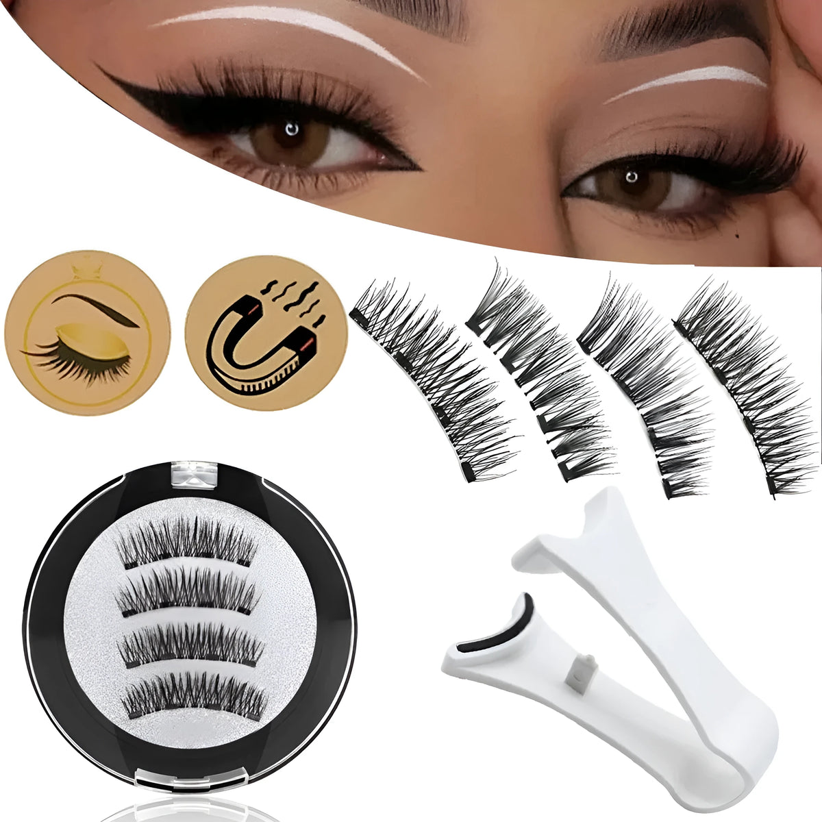 Magnetic false eyelashes with white quantum eyelash curler and clip, reusable high-grade fiber, 2 pairs per box