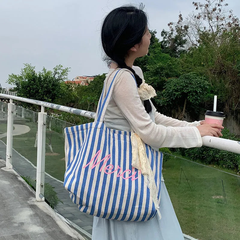 Blue striped letters printed cotton canvas bag in pink blue and white stripes for daily matching