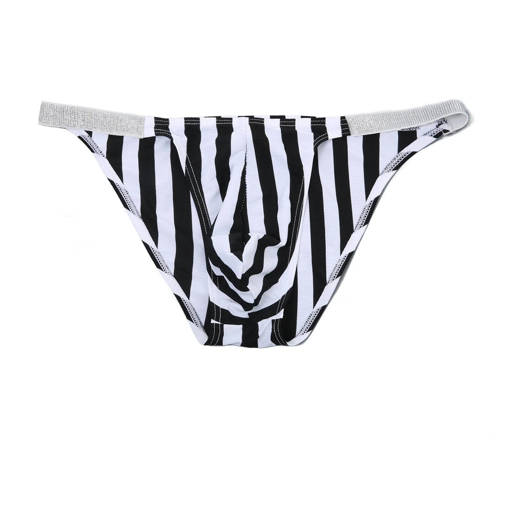 Men's zebra stripe nylon briefs with U pouch design and low waist cut