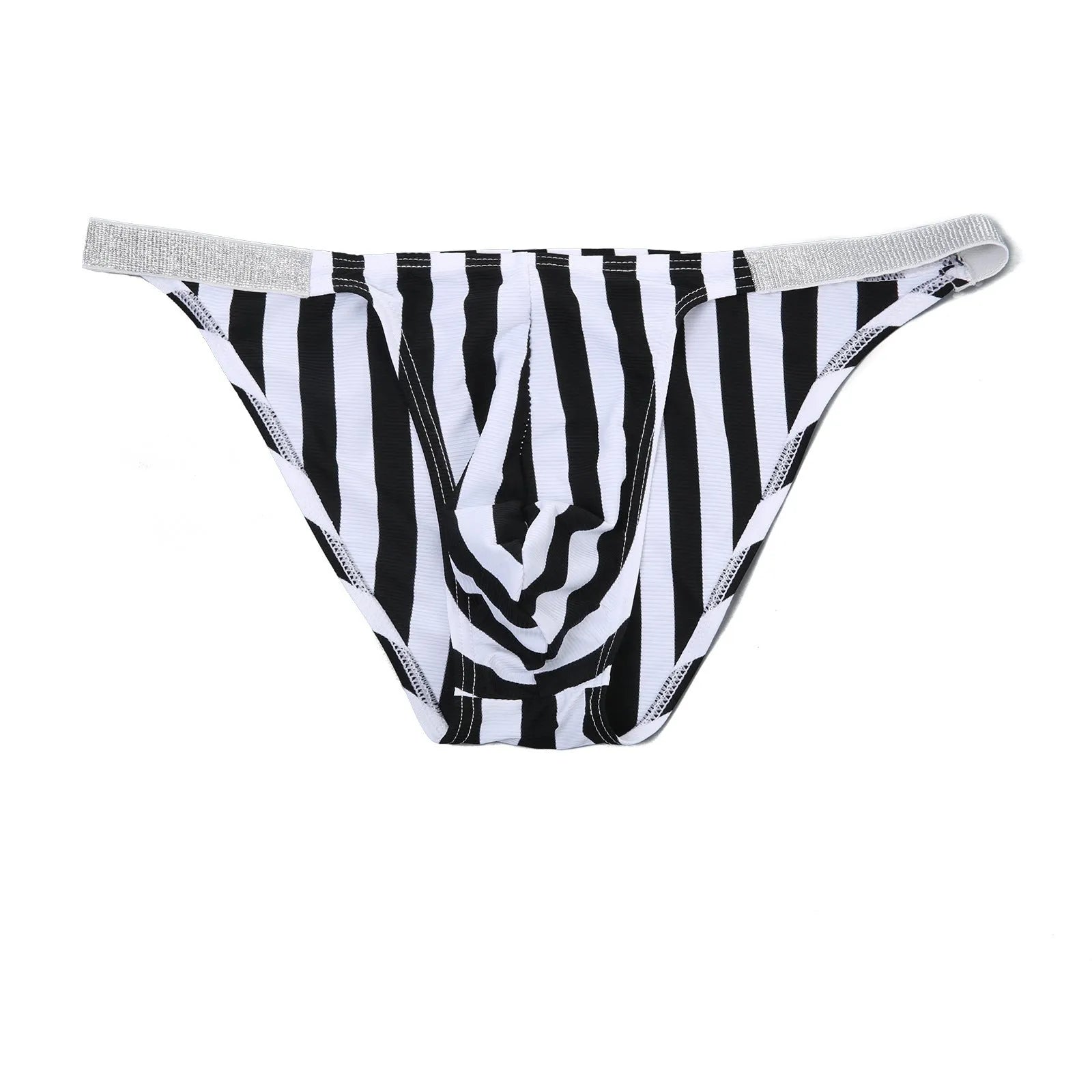 Men's zebra stripe nylon briefs with U pouch design and low waist cut