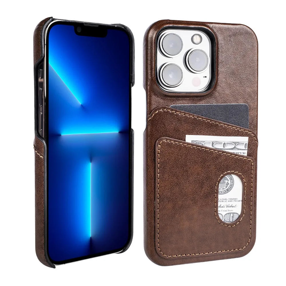 PU leather flip wallet phone case with card slots for iPhone, dark brown colour, front view