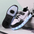 Child wearing pink charging flash roller skates with LED light-up wheels illuminated.