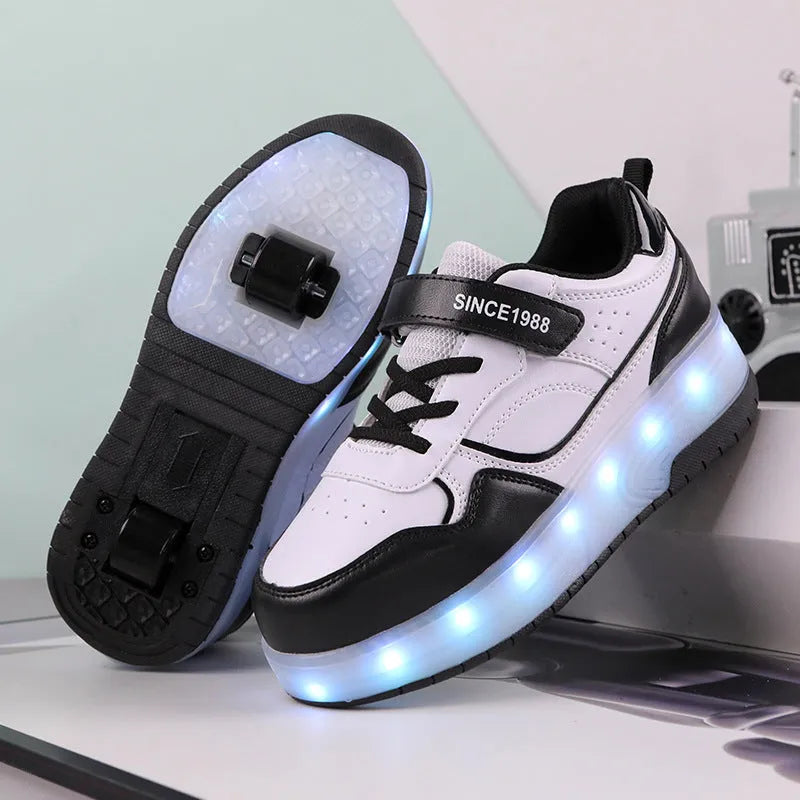 Child wearing pink charging flash roller skates with LED light-up wheels illuminated.