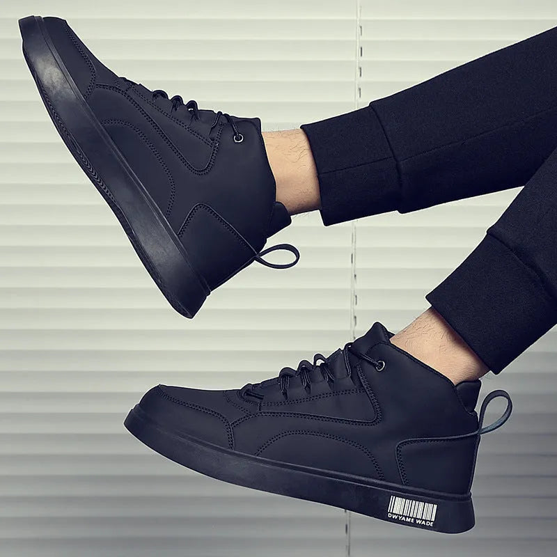 Men's white mid-top casual shoes with flat rubber sole and front lace-up design.