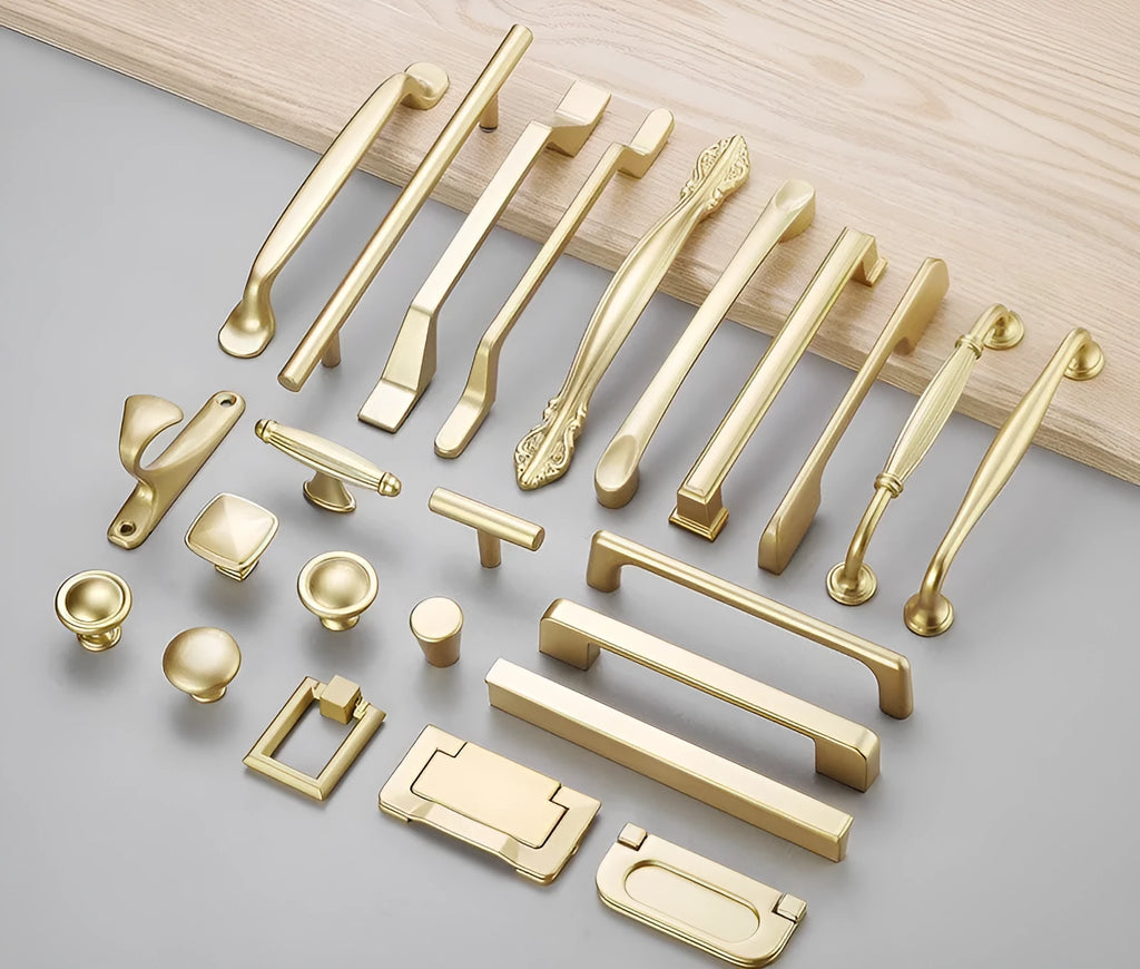 Gold single hole cabinet handle with T-shape design showing hole spacing options
