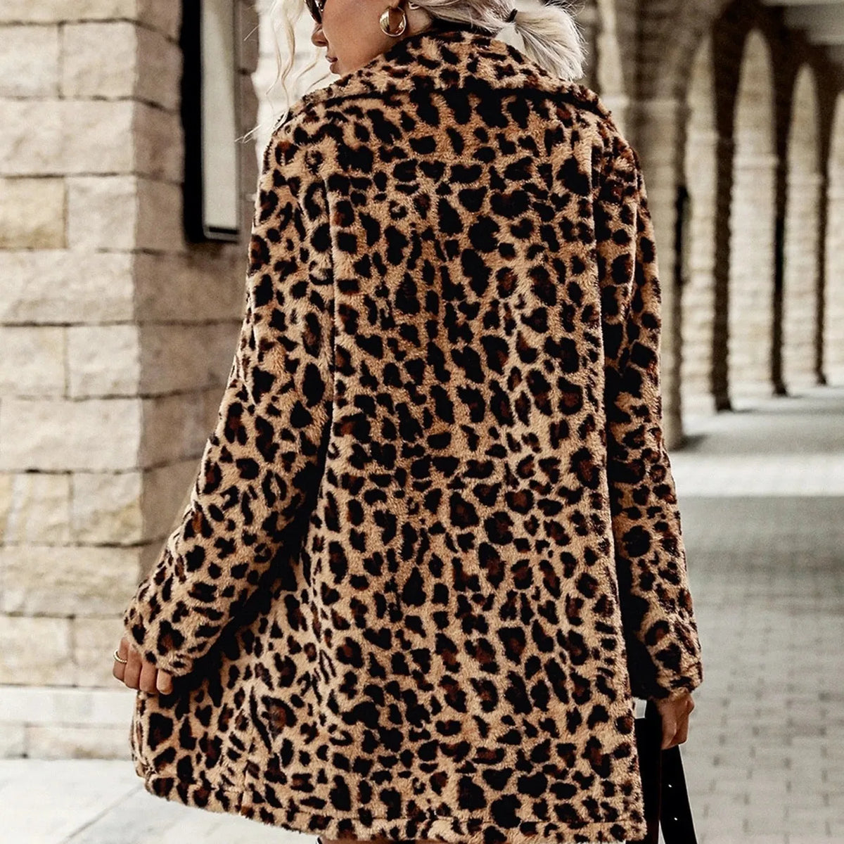 Leopard print long sleeve furry coat top for women, animal pattern jacket, conventional sleeves, size S-2XL