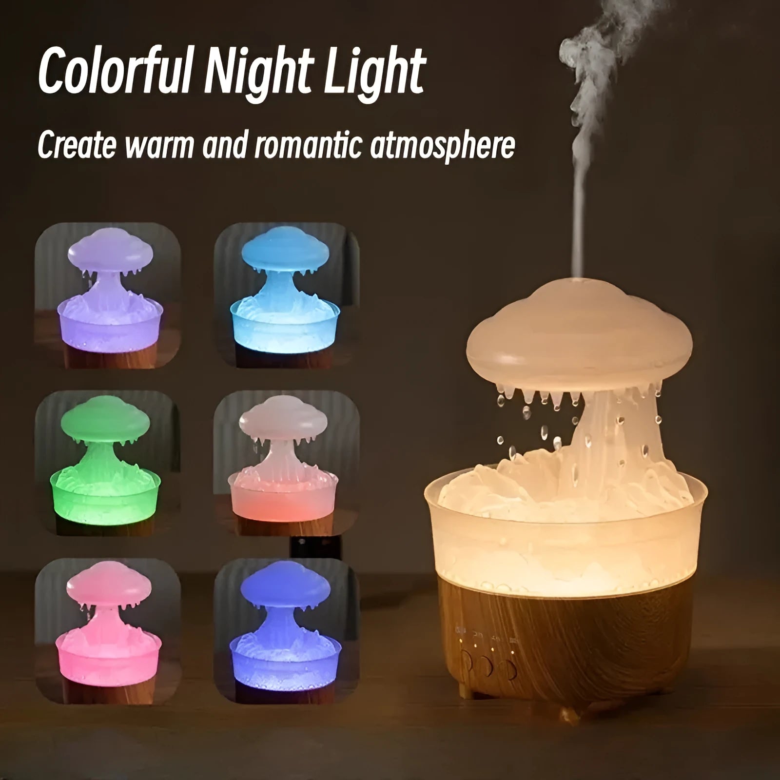 Wood grain white rain cloud shaped humidifier diffuser with coloured LED lights on a table