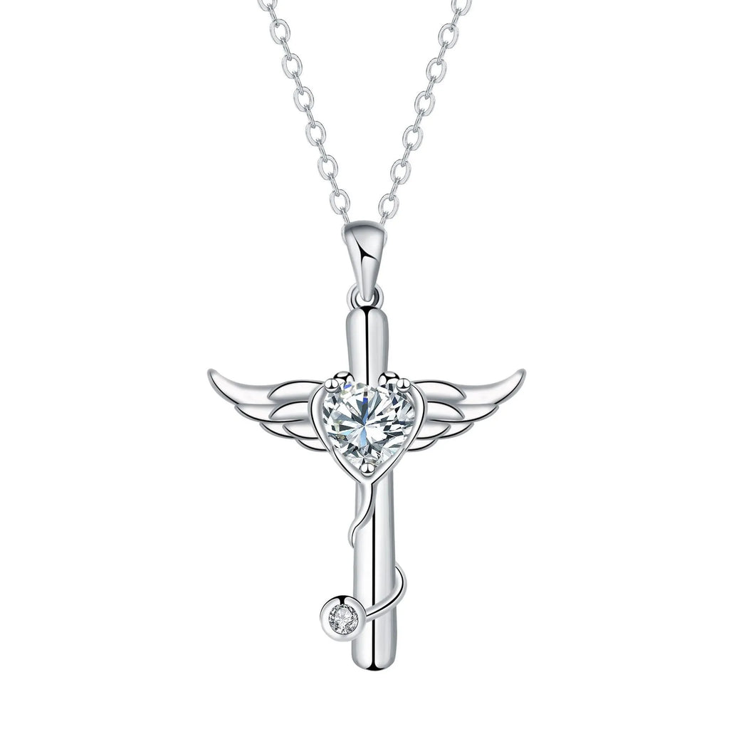 Women's copper necklace with stethoscope, angel wings and cross pendant in electroplated white diamond or red diamond finish