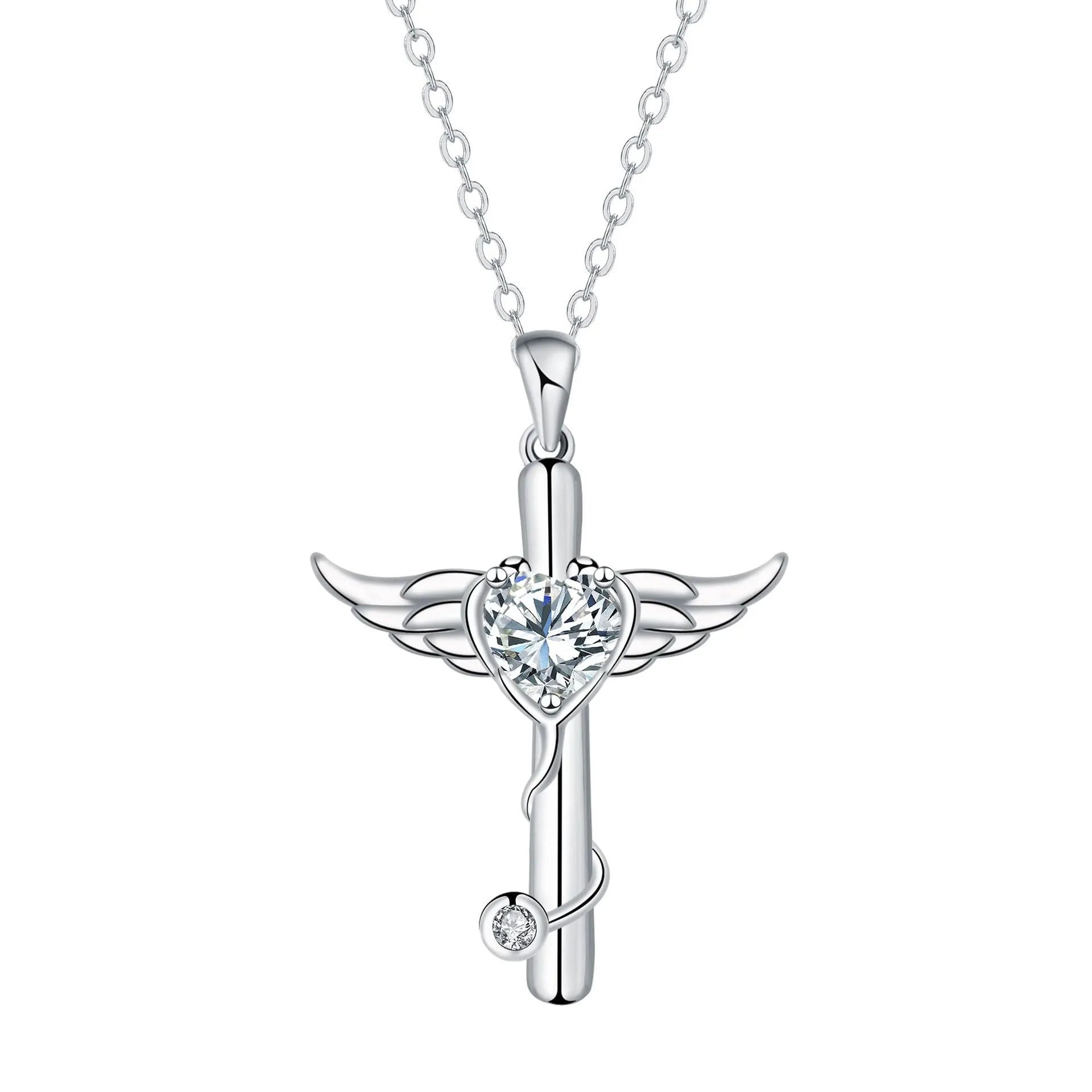 Women's copper necklace with stethoscope, angel wings and cross pendant in electroplated white diamond or red diamond finish