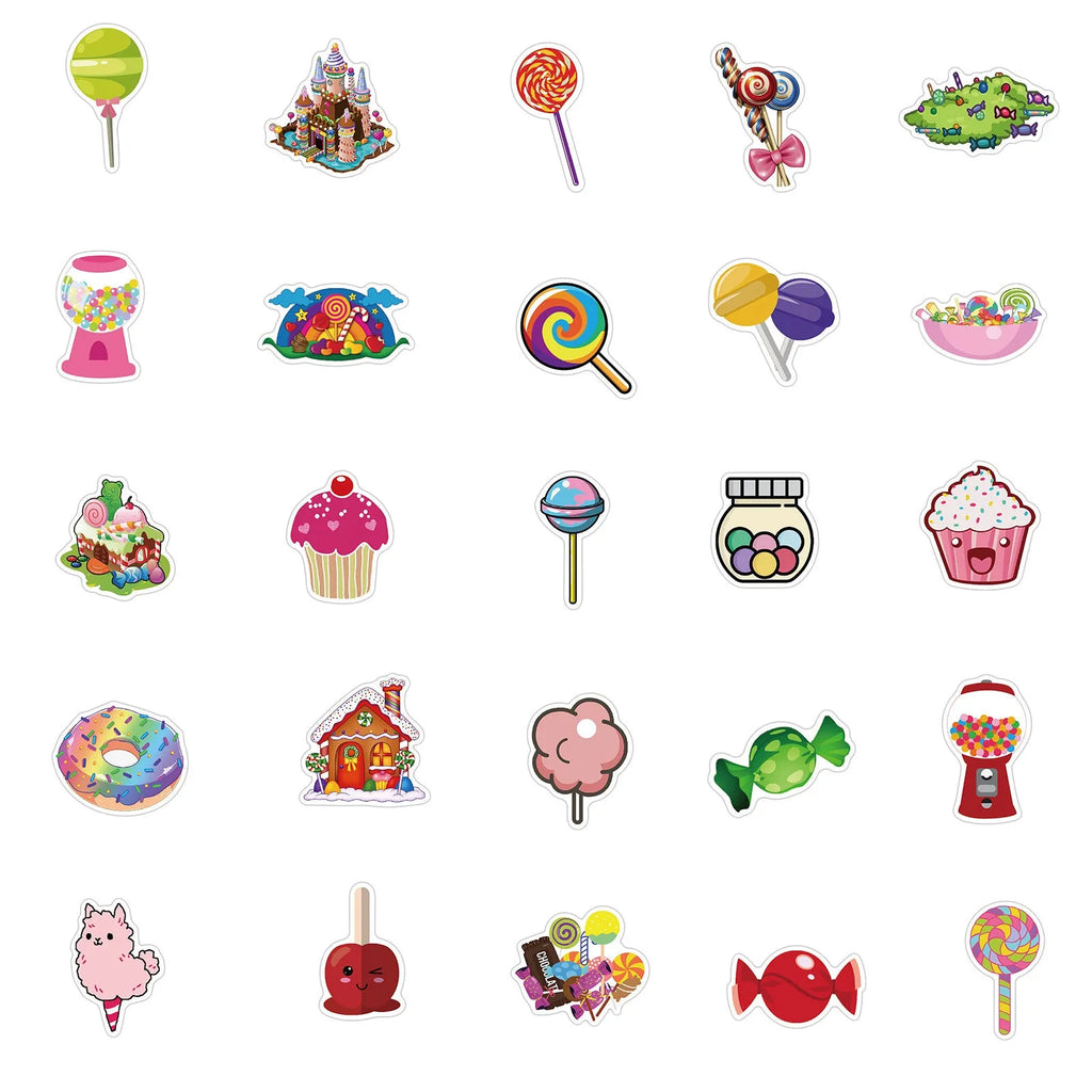 Pack of 50 colourful candy graffiti stickers with cartoon designs, sized 4-6cm.