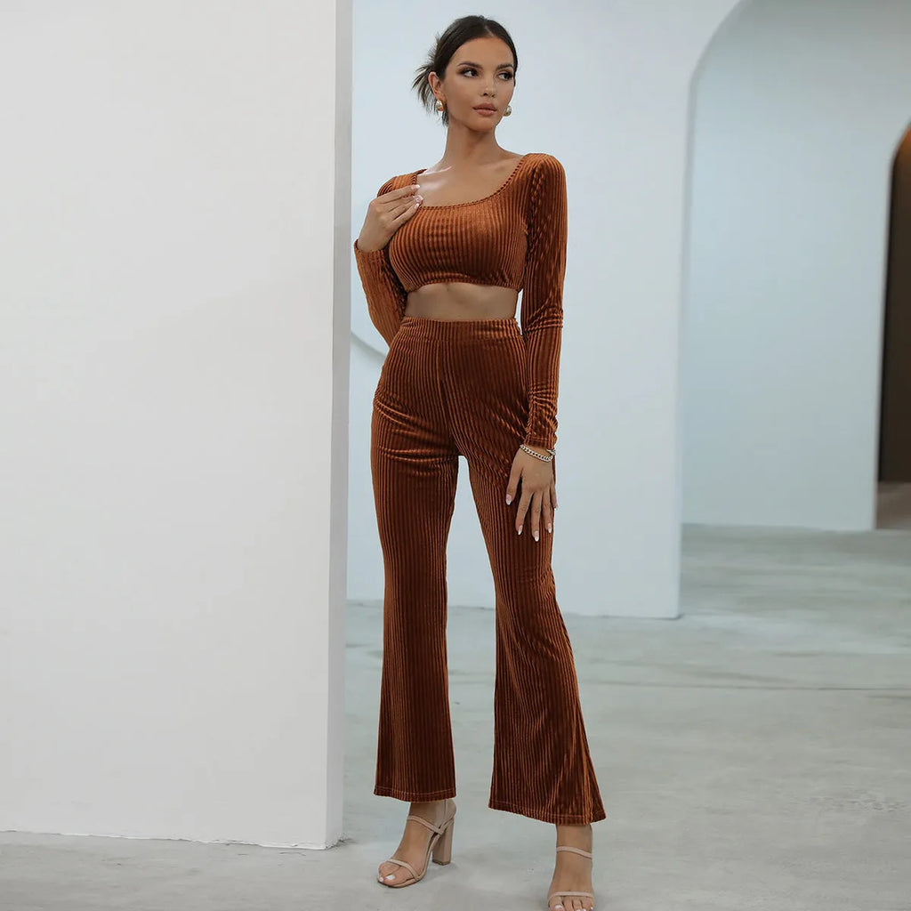 Women's caramel coloured long sleeve sweater and matching trousers casual set