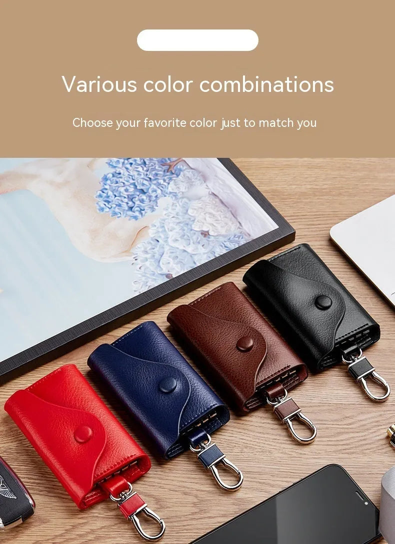 Korean-style square vertical genuine leather keycard holder showing internal key mapping structure