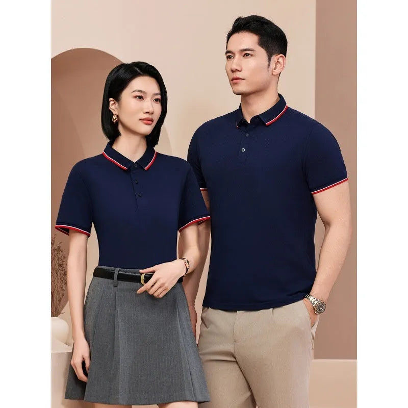 Men's and women's pearl cotton work t-shirt short sleeve summer top in black white navy blue red light gray blue bean green blending grey