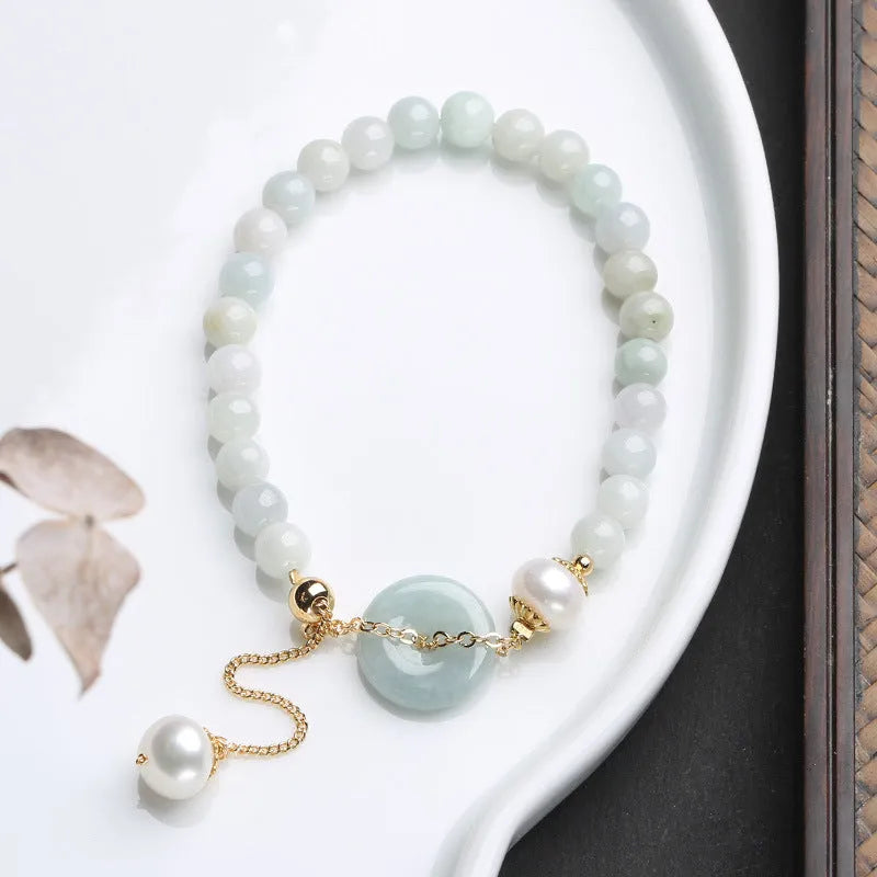 Natural emerald peace buckle jade pearl bracelet for women with geometric national style design