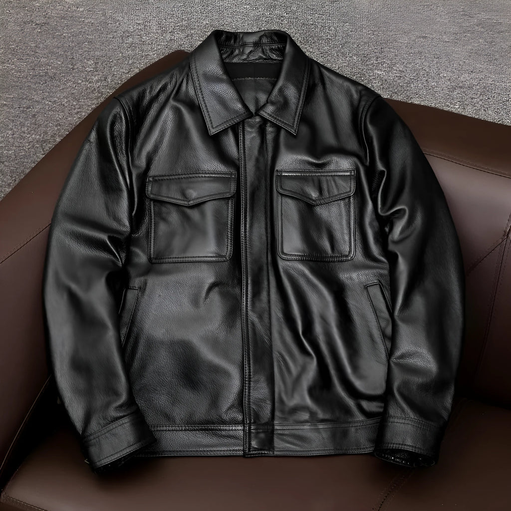 Men's black retro Kaji style PU leather jacket with side seam pockets and loose fit