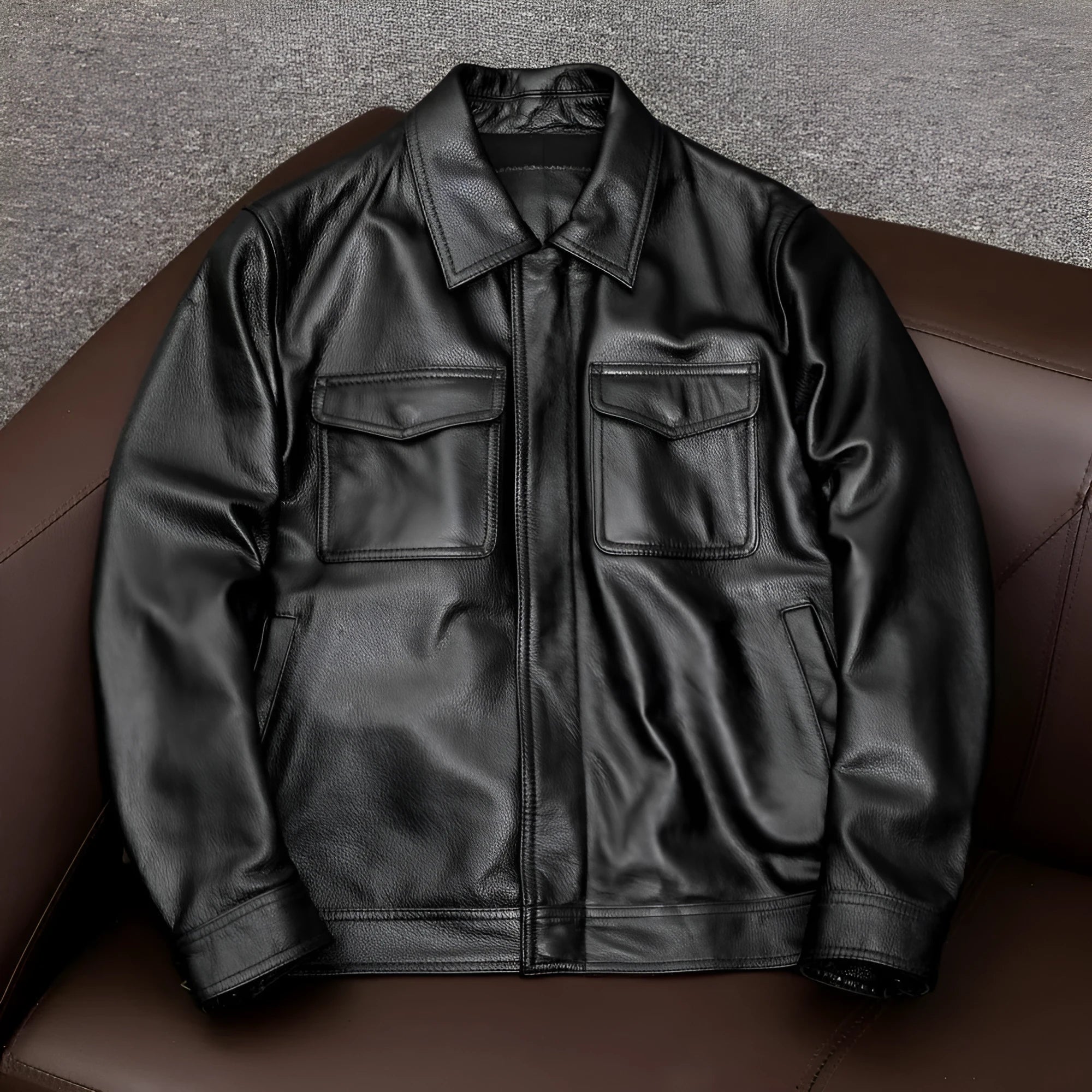 Men's black retro Kaji style PU leather jacket with side seam pockets and loose fit