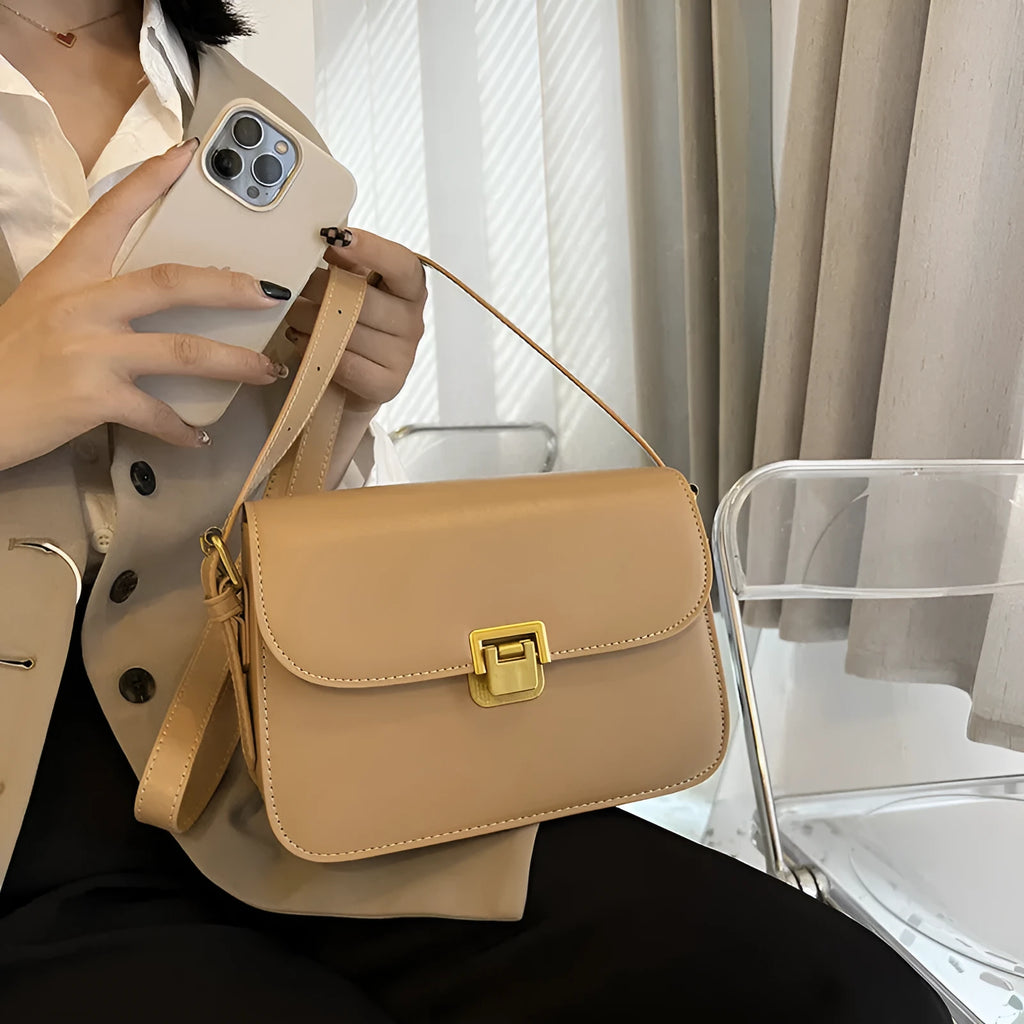 A small horizontal square one-shoulder bag in soft PU material, shown in one of five colours: black, milky white, khaki, dark brown, or coffee.