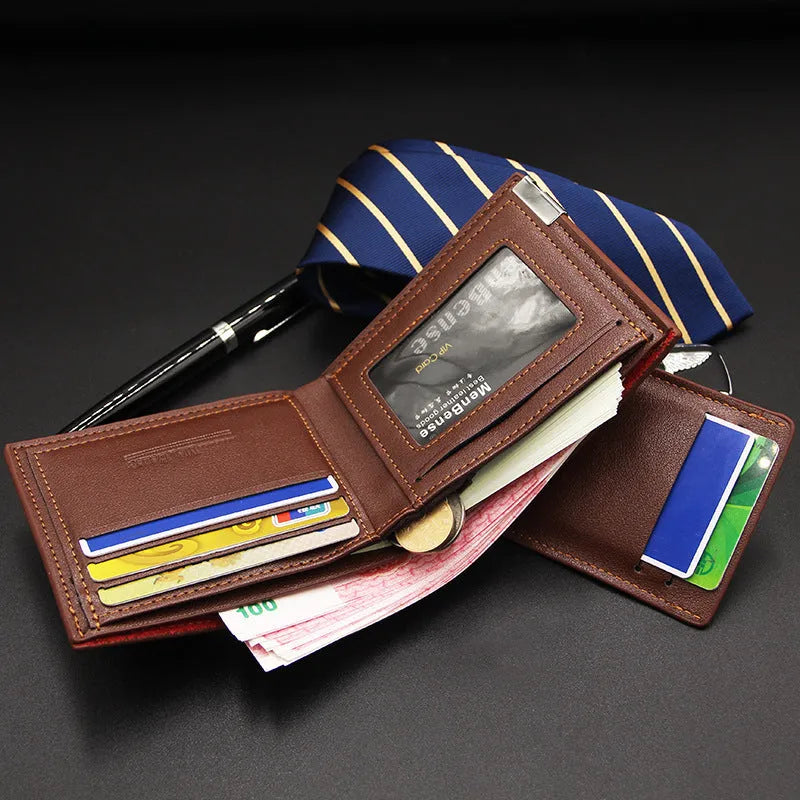 Men's casual short wallet in PU with iron-edge card-picking design, shown in black, dark coffee, and light coffee.