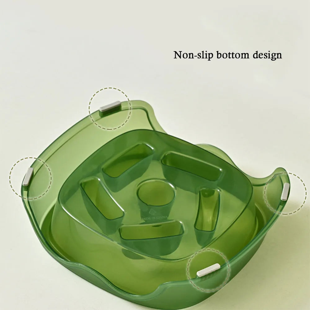Blue plastic dog slow feeder bowl on a floor, designed to prevent choking by slowing eating pace.