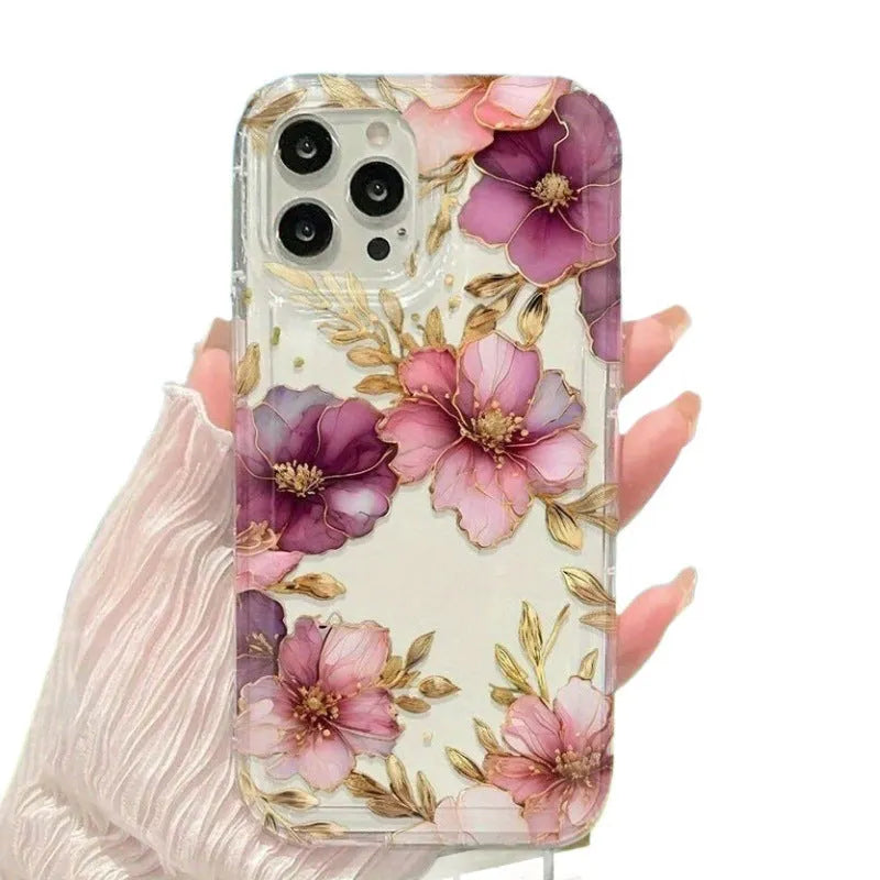 Transparent frosted TPU air spring phone case for Apple 12 Pro Max with pink purple flowers print