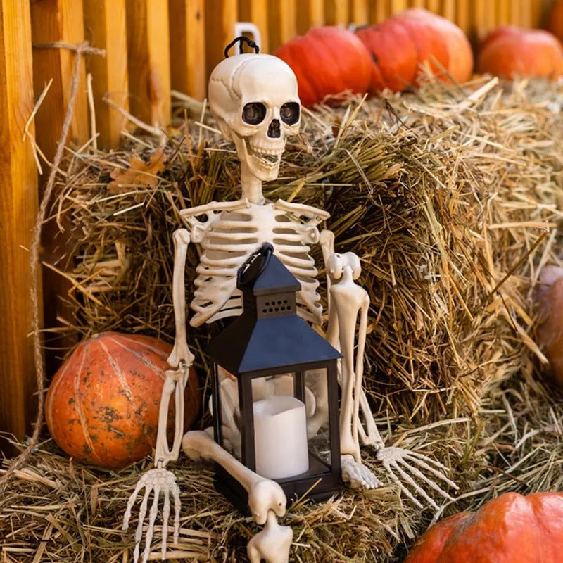 90cm tall posable plastic skeleton model for Halloween decoration displayed in a dynamic pose.