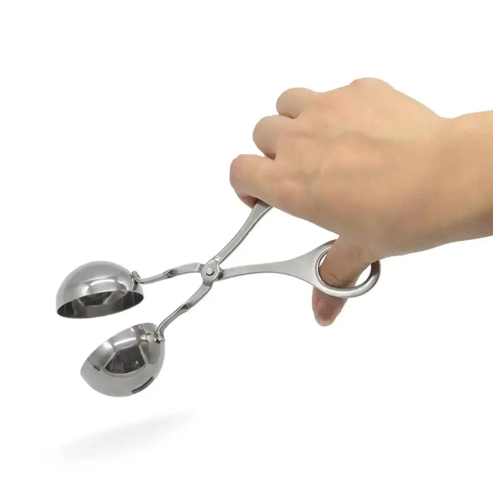 304 stainless steel meatball maker tongs on plain background, shows clip design and two size options, 16.5 cm length