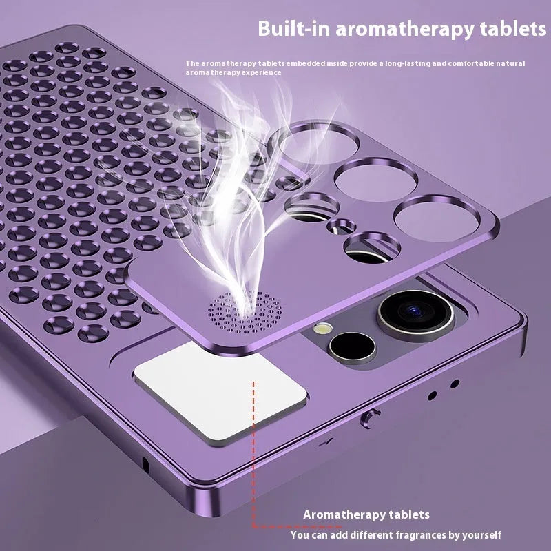 Samsung S25 Ultra aluminium alloy aromatherapy phone case with spring fastener shell in titanium black colour on a surface