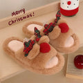 Brown women's indoor slippers with cartoon deer design, suede upper, and PVC sole