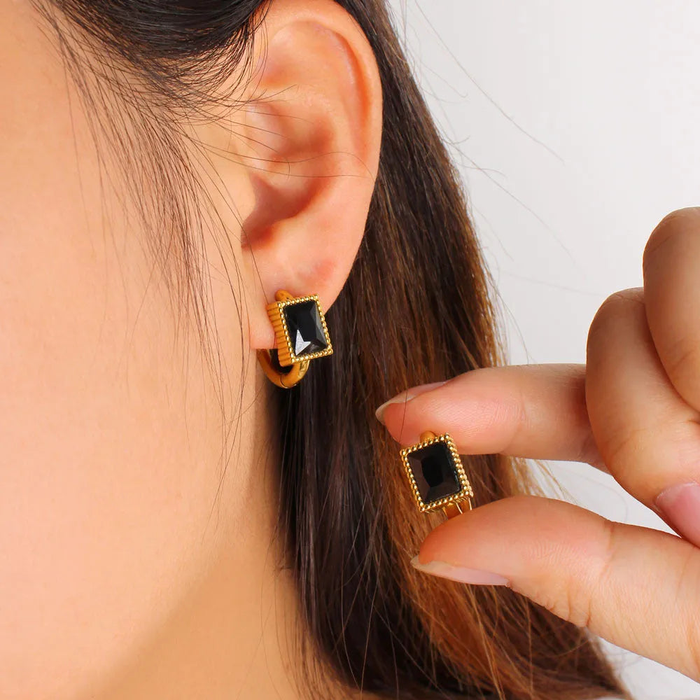 Square geometric stainless steel earrings with zircon cubic zirconia stones in white, black and green colours